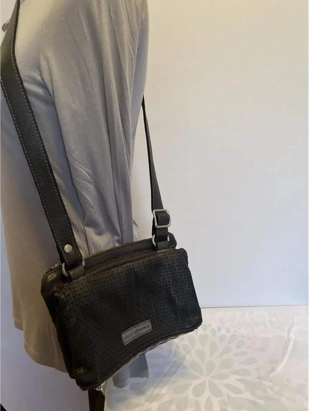 Vive La Difference Italy Black Leather Perforated Crossbody Bag Quiet Luxury